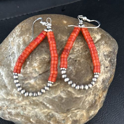 Southwestern Red Coral Dangle Earrings | Sterling Silver Heishi Bead | 2" | 14426