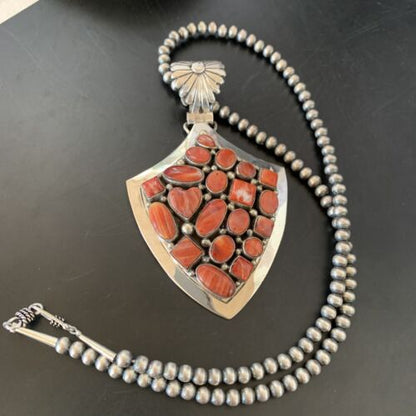 Navajo Red Spiny Oyster Pendant | Sterling Silver | Authentic Native American Handmade | 11514