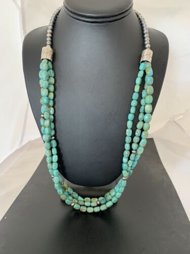 Navajo Royston Turquoise Necklace | 3 Strand | Sterling Silver | Authentic Native American Handmade | 494