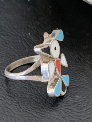 Zuni Peyote Bird Ring | Sterling Silver Coral Turquoise Onyx Mother of Pearl Inlay | Sz 5.5 | 10790