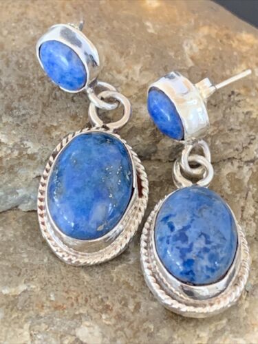 Navajo Denim Lapis Dangle Earrings | Sterling Silver | 1.1" | Authentic Native American Handmade | 1702