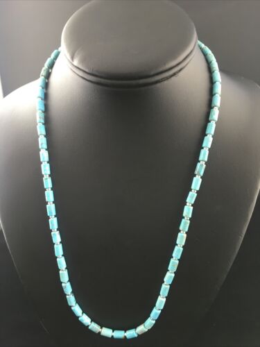 Native American Blue Turquoise Tube Necklace | Sterling Silver | 20" | 10009 - Masha USA