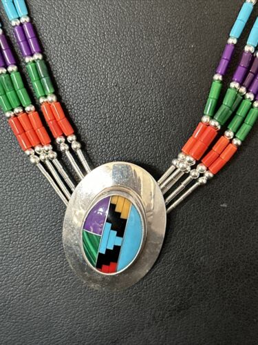 Multi-Color Liquid Silver Heishi 5-Strand Necklace | Sterling Silver Pendant | 14825