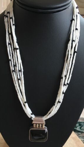 Southwestern White Bamboo Coral Onyx Necklace | Multi-Strand Pendant Navajo  | 8144