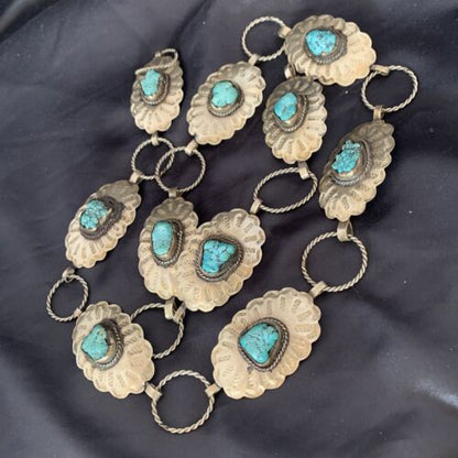 Navajo Blue Turquoise Concho Belt | Sterling Silver | Authentic Native American Handmade | 1570