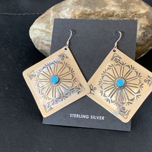 Navajo Blue Turquoise Earrings | Stamped Sterling Silver | Authentic Native American Handmade | 13369