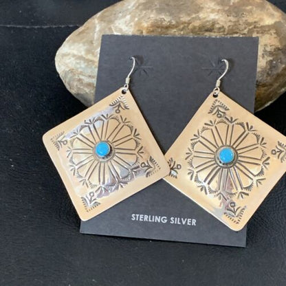 Navajo Blue Turquoise Earrings | Stamped Sterling Silver | Authentic Native American Handmade | 13369