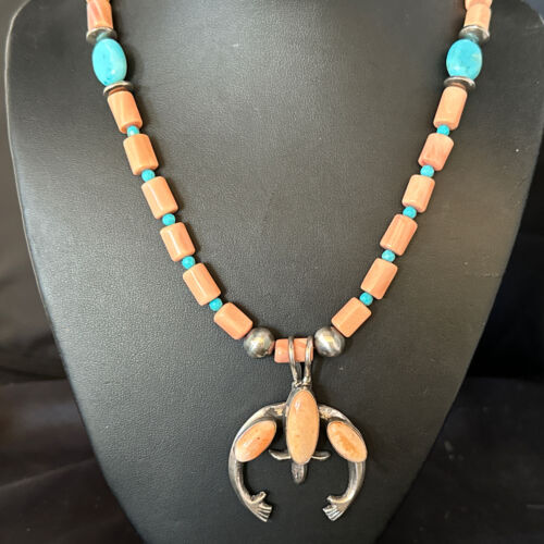 Navajo Pink Coral & Blue Turquoise Necklace with Naja Pendant | Sterling Silver | Native American Handmade | 14813