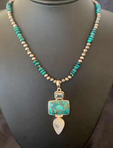 Navajo Pearls Sterling Silver Blue Mojave Turquoise Necklace Pendant | Multi-Stone | 11820