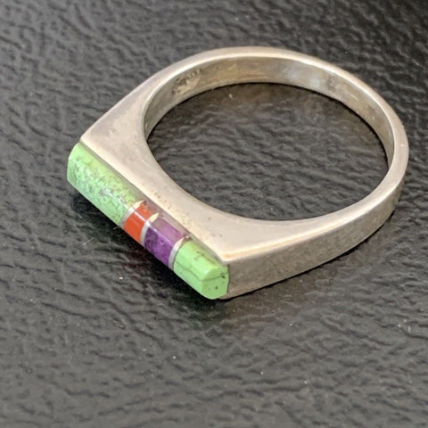 Navajo Green Gaspiete Sugilite Red Coral Inlay Ring | Sz 8.25 | Authentic Native American Handmade | 11120