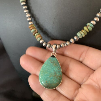 Navajo Royston Bead Green Turquoise Necklace Pendant | Sterling Silver | Authentic Native American Handmade | 11920