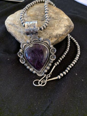 Men's Navajo Pearls Necklace with Purple Sugilite Pendant | Sterling Silver | Authentic Native American Handmade | 00541