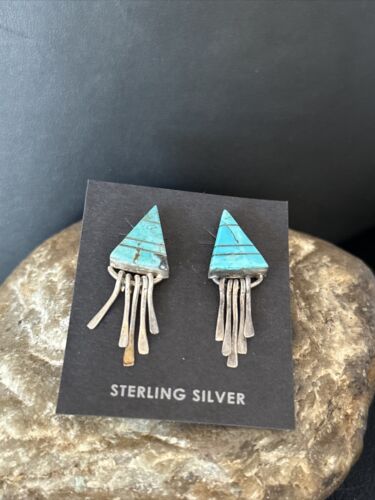 Navajo Blue Turquoise Inlay Earrings | Sterling Silver | 1" | Authentic Native American Handmade | 14774