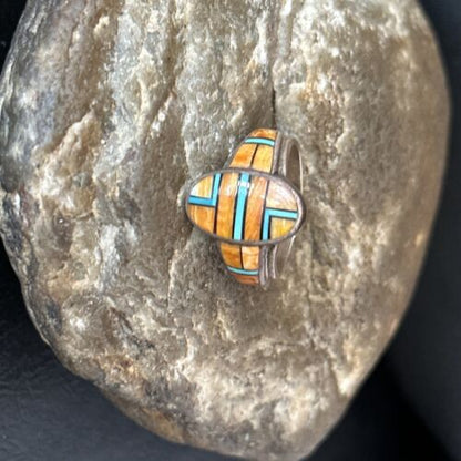 Southwestern Women's Navajo Blue Turquoise Spiny Oyster Inlay Ring | Sz 7 | 14556