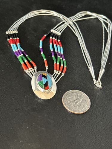 Multi-Color Liquid Silver Heishi 5-Strand Necklace | Sterling Silver Pendant | 14825