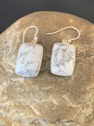 Navajo Sterling Silver White Howlite Black Dangle Rectangle Earrings | 0.75" | 12071