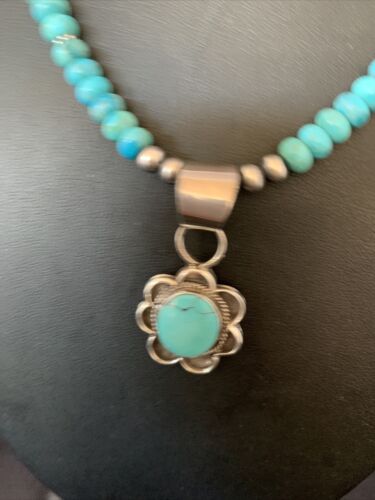 Navajo Blue Turquoise Pendant Necklace | Sterling Silver Pearls | Authentic Native American Handmade | 13218