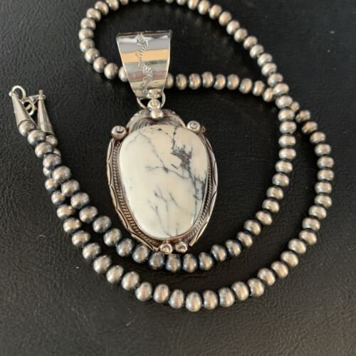 White Buffalo Turquoise Pendant Necklace | Sterling Silver | Navajo | Authentic Native American Handmade | 13992 - Masha USA