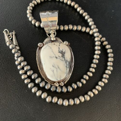 White Buffalo Turquoise Pendant Necklace | Sterling Silver | Navajo | Authentic Native American Handmade | 13992 - Masha USA
