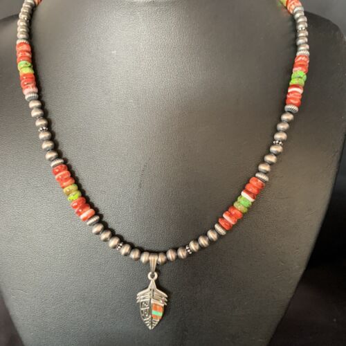 Navajo Red Spiny Oyster & Green Turquoise Pendant Necklace | Sterling Silver | Authentic Native American Handmade | 13619