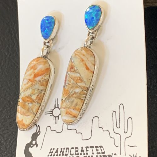 Navajo Snake Swirl Earrings | Orange Spiny Oyster Opal Inlay | Sterling Silver | Native American Handmade | 12022