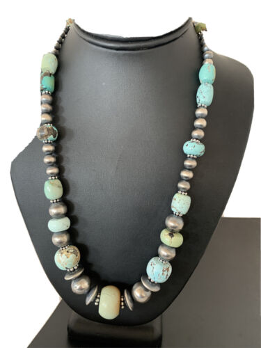 Sterling Silver Navajo Pearls Necklace | Dry Creek Turquoise Beads | Native American Handmade |21" | 01387