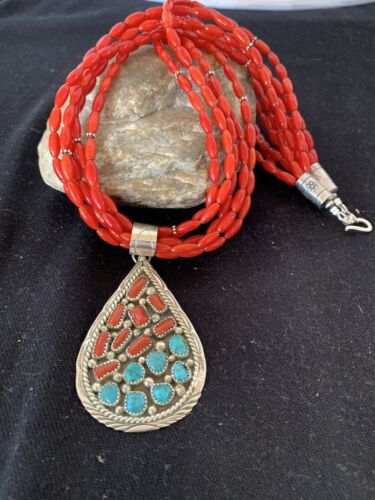 Navajo Coral Turquoise 5-Strand Necklace | Sterling Silver | Authentic Native American Handmade | 00510