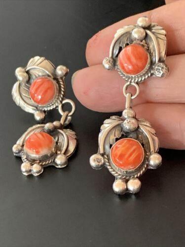 Navajo Red Spiny Oyster Dangle Earrings | Sterling Silver | Authentic Native American Handmade | 2059