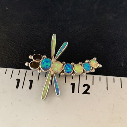 Zuni White Blue Opal Inlay Dragonfly Necklace Pin Pendant | Sterling Silver | 13683