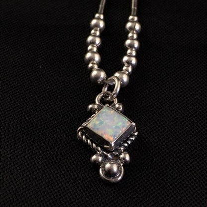 Native American Opal Beads Necklace | Sterling Silver | Opal Inlay Pendant | 15" | 10134