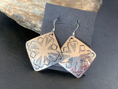 Native American Women's Dangle Earrings | Navajo Sterling Silver Stamped Handmade | 1660