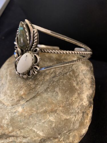 Navajo White Buffalo Turquoise Cuff Bracelet | Sterling Silver | Authentic Native American Handmade | 347