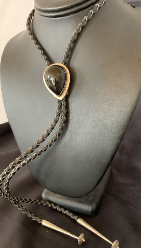 Native American Men's Bolo Tie | Sterling Silver Navajo Black Onyx | Handmade | 12148