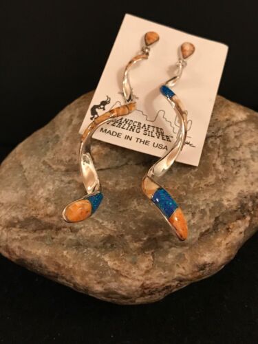 Navajo Snake Swirl Spiny Opal Inlay Sterling Silver Earrings | Long 3.25" Dangle | Southwestern Native American | 1059