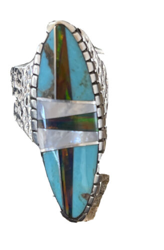 Navajo Multi-Color Opal & Turquoise Inlay Ring | Sterling Silver | Sz 7 | Authentic Native American Handmade | 1582
