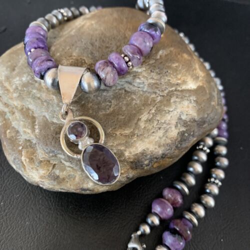 Navajo Purple Charoite and Amethyst Pendant Necklace | Authentic Native American Sterling Silver | Multi-Stone | 22" | 13412