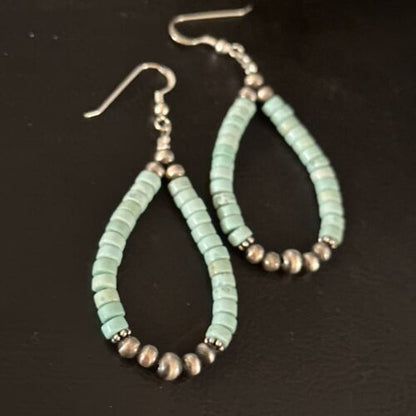 Navajo Blue Turquoise Heishi Dangle Earrings | Sterling Silver | 2" | Authentic Native American Handmade | 14363