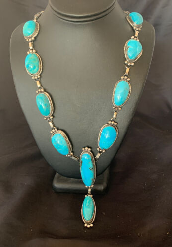 Navajo Kingman Turquoise Lariat Necklace | Sterling Silver | Authentic Native American Handmade | 11571