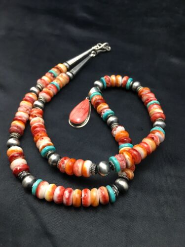 Navajo Spiny Oyster Turquoise Pendant Necklace | Sterling Silver | 19" | Authentic Native American Handmade | 4522