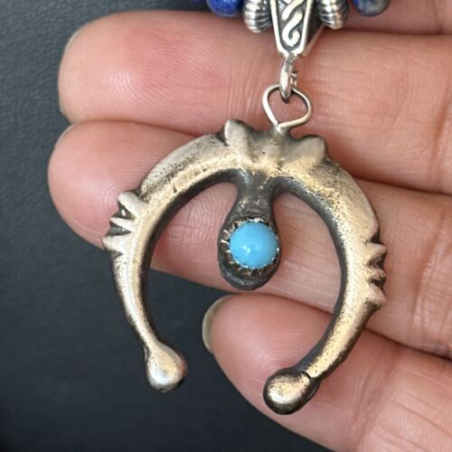 Navajo Blue Turquoise Lapis Necklace Pendant | Authentic Native American Sterling Silver | Naja | 14638