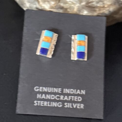 Navajo Multi-Color Turquoise Spiny Lapis Inlay Earrings | Sterling Silver | Authentic Native American Handmade | 14652