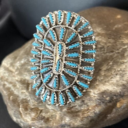 Zuni Blue Turquoise Cluster Ring | Authentic Native American Sterling Silver | Multi-Stone Needle Point | Sz 10 | 14566
