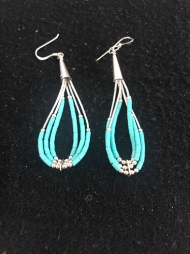 Navajo Sterling Silver Heishi Dangle Turquoise Earrings | 2" | Native American