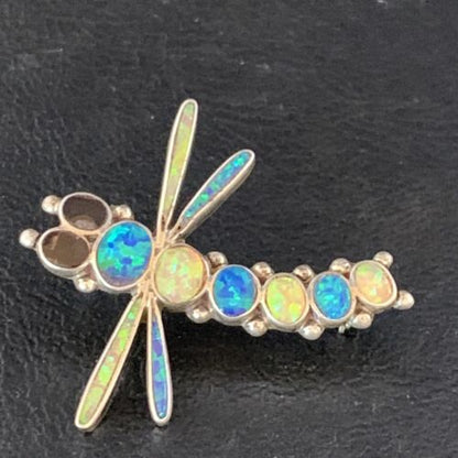 Zuni White Blue Opal Inlay Dragonfly Necklace Pin Pendant | Sterling Silver | 13683
