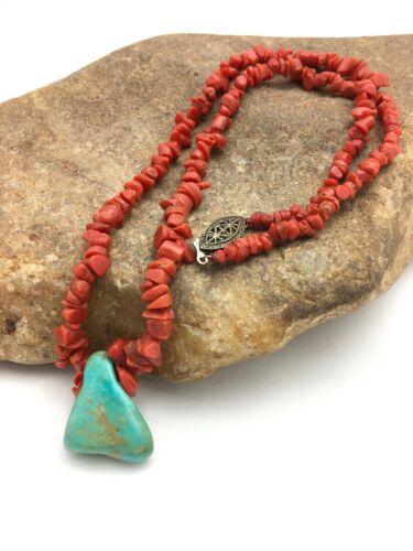 Native American Turquoise and Coral Pendant Necklace | Brass Old Pawn | 19" | 4007