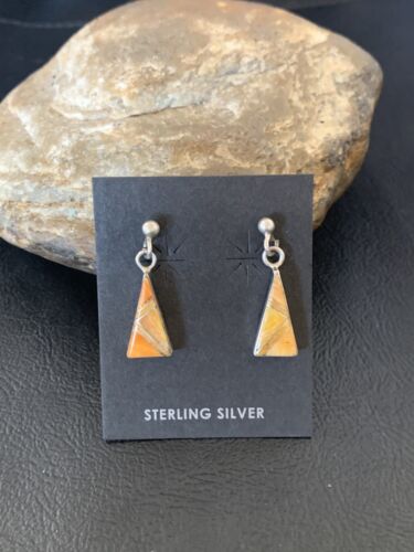 Navajo Orange Spiny Oyster Inlay Earrings | Sterling Silver | Minimalist Dangle | 12678