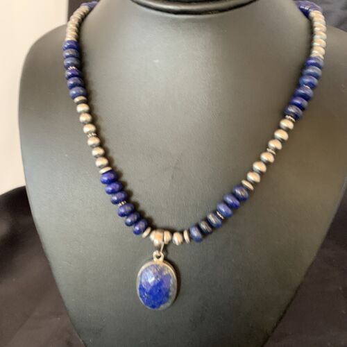 Navajo Sterling Silver Bead Necklace | Lapis Lazuli Faceted Pendant | Authentic Native American Handmade | 11367