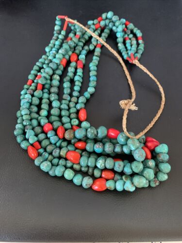 Men's Santo Domingo Blue Turquoise Coral Necklace | 4 Strand Large Bead | 34" | 13184