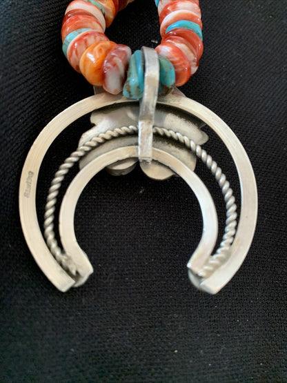 Navajo Pearls Sterling Silver Necklace | Red Spiny Oyster & Turquoise Naja Pendant | Authentic Native American Handmade