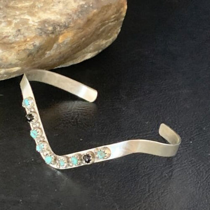 Navajo Old Pawn Cuff Bracelet | Sterling Silver | Handmade Blue Turquoise & Onyx | 13583 - Masha USA